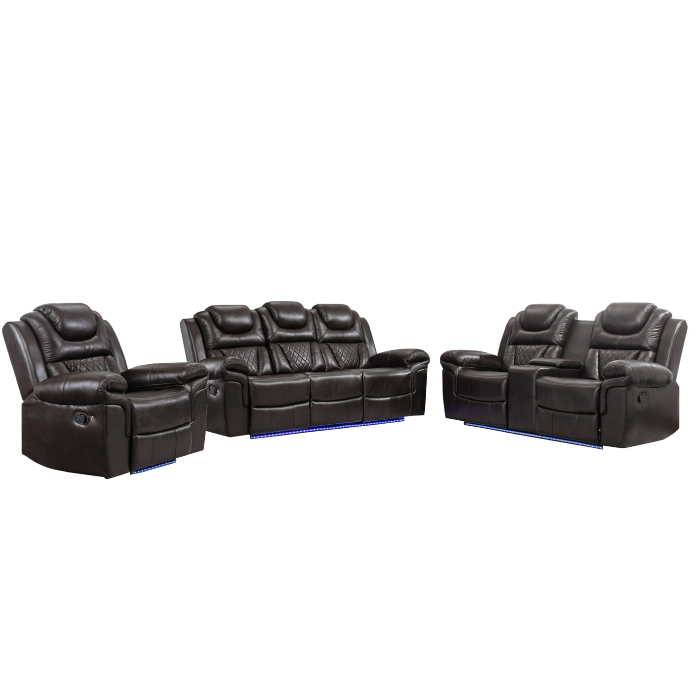 3 Pieces Recliner Sofa Sets Home Theater Seating Manual Recliner Chair with Center Console and LED Light Strip for Living Room, Brown