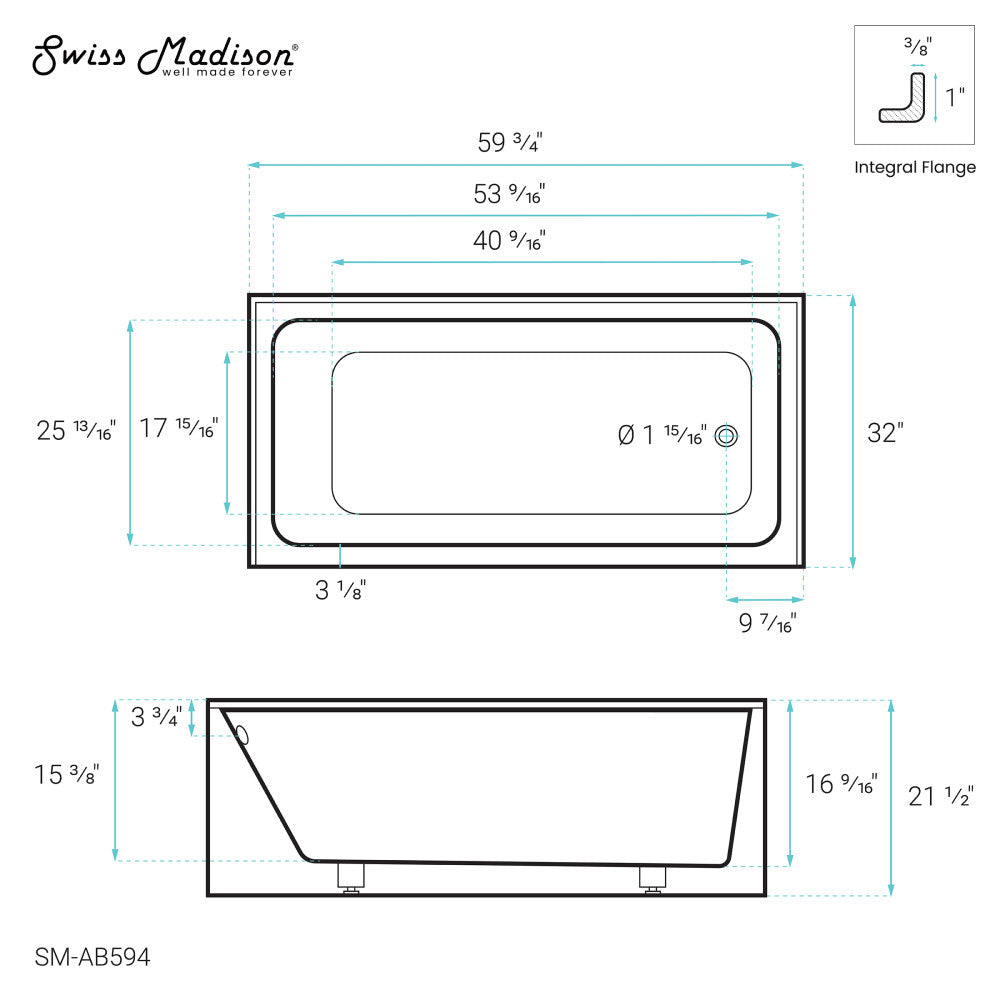 Swiss Madison Voltaire 60" x 32" Right-Hand Drain Alcove Bathtub with Apron SM-AB594