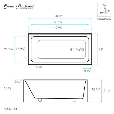 Swiss Madison Voltaire 60" x 32" Right-Hand Drain Alcove Bathtub with Apron SM-AB594