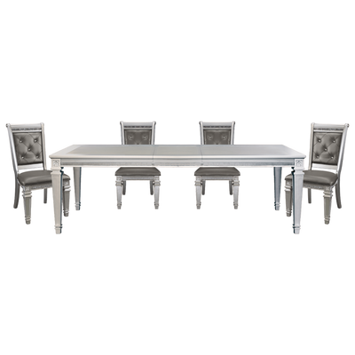 Silver Finish 5pc Dining Set Table w Leaf and 4x Side Chairs Modern Glam Style Crystal-Tufted Chairs Upholstered Seat Wooden Dining Room Furniture