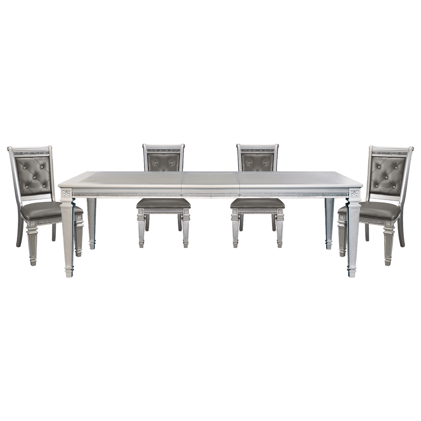 Silver Finish 5pc Dining Set Table w Leaf and 4x Side Chairs Modern Glam Style Crystal-Tufted Chairs Upholstered Seat Wooden Dining Room Furniture