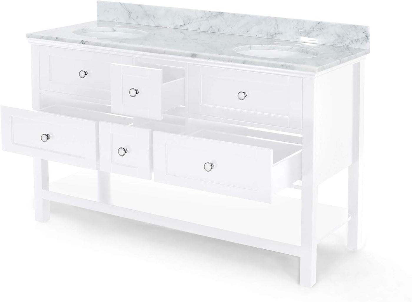 61'' Bathroom Vanity with Marble Top & Double Ceramic Sinks, 4 Drawers, Open Shelf, White