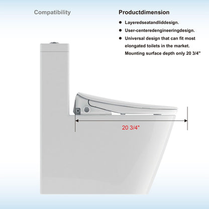 WoodBridge BID02 White Elongated Smart Bidet Toilet Seat, Electronic Advanced Self Cleaning, SoftClose Lid, Automatic Deodorization