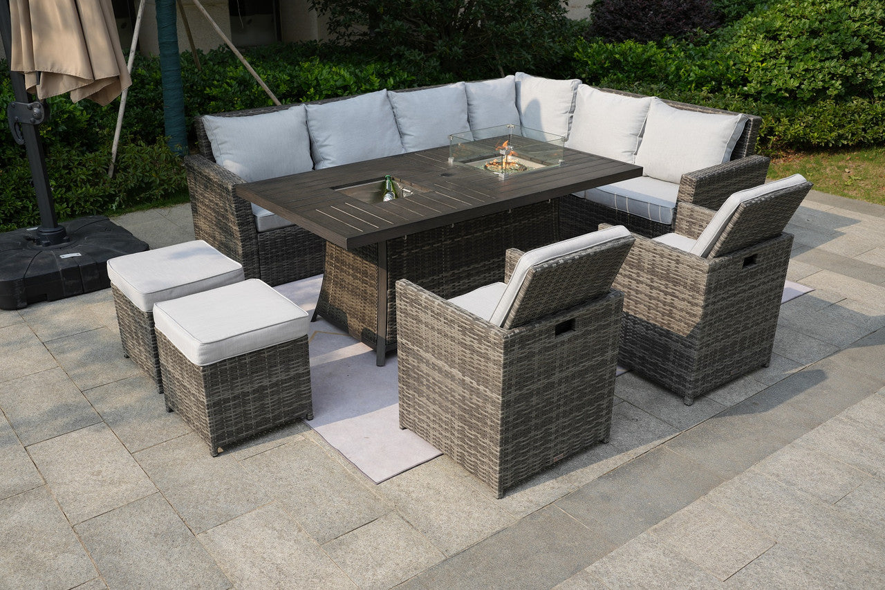 Direct Wicker Patio Gray Rattan Wicker Conversational Set with Rectangle Firepit & Ice Table, Foldable Dining Chairs and Ottomans(Patio Set Options)