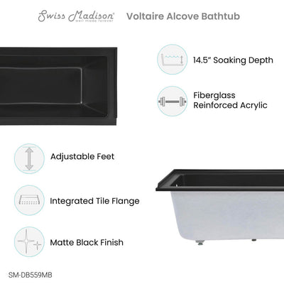 Swiss Madison Voltaire 60" x 30" Left-Hand Drain Alcove Bathtub in Matte Black SM-DB559MB