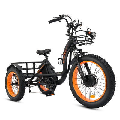 Ecotric 48V 24"x4.0 Front 20"x4.0 Rear Tires Tricycle electric bike with Front Basket + Rear Rack