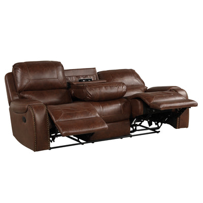 Achern Brown Leather-Air Nailhead Manual Reclining 3-Piece Sofa Set