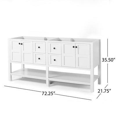 73'' Bathroom Vanity with Marble Top & Double Ceramic Sinks, 4 Doors, 4 Drawers, Open Shelf, White