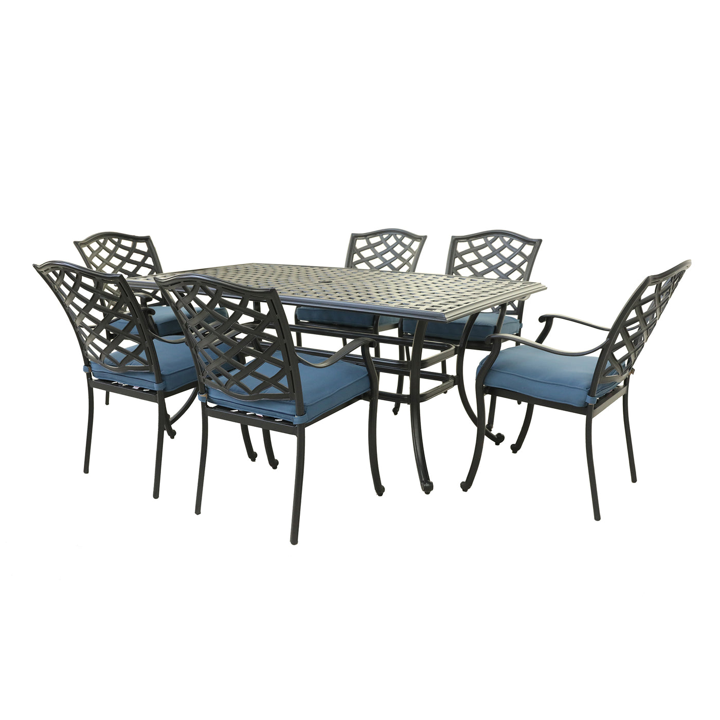 Aluminum 7-Piece Rectangular Dining Set With 6 Arm Chairs, Sapphire Blue