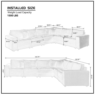 6 Seats,Oversized Sectional Sofa,L Shaped Corner Couch with Detachable Seat & Back Cushion, Corduroy Upholstery Convertible Sleeper Sofa&Couch for Living Room