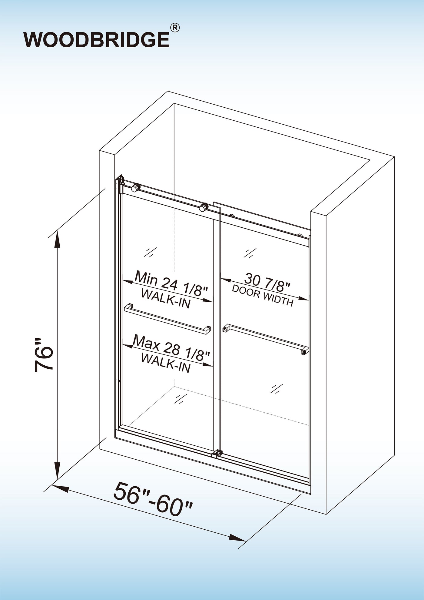 WOODBRIDGE Frameless Shower Doors 56-60" Width x 76"Height with 5/16"(8mm)Clear Tempered Glass, 2 Ways Opening & Double Sliding in Polished Chrome Finish