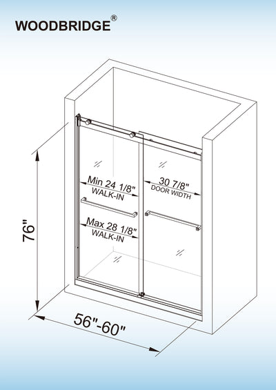 WOODBRIDGE Frameless Shower Doors 56-60" Width x 76"Height with 5/16"(8mm)Clear Tempered Glass, 2 Ways Opening & Double Sliding in Polished Chrome Finish