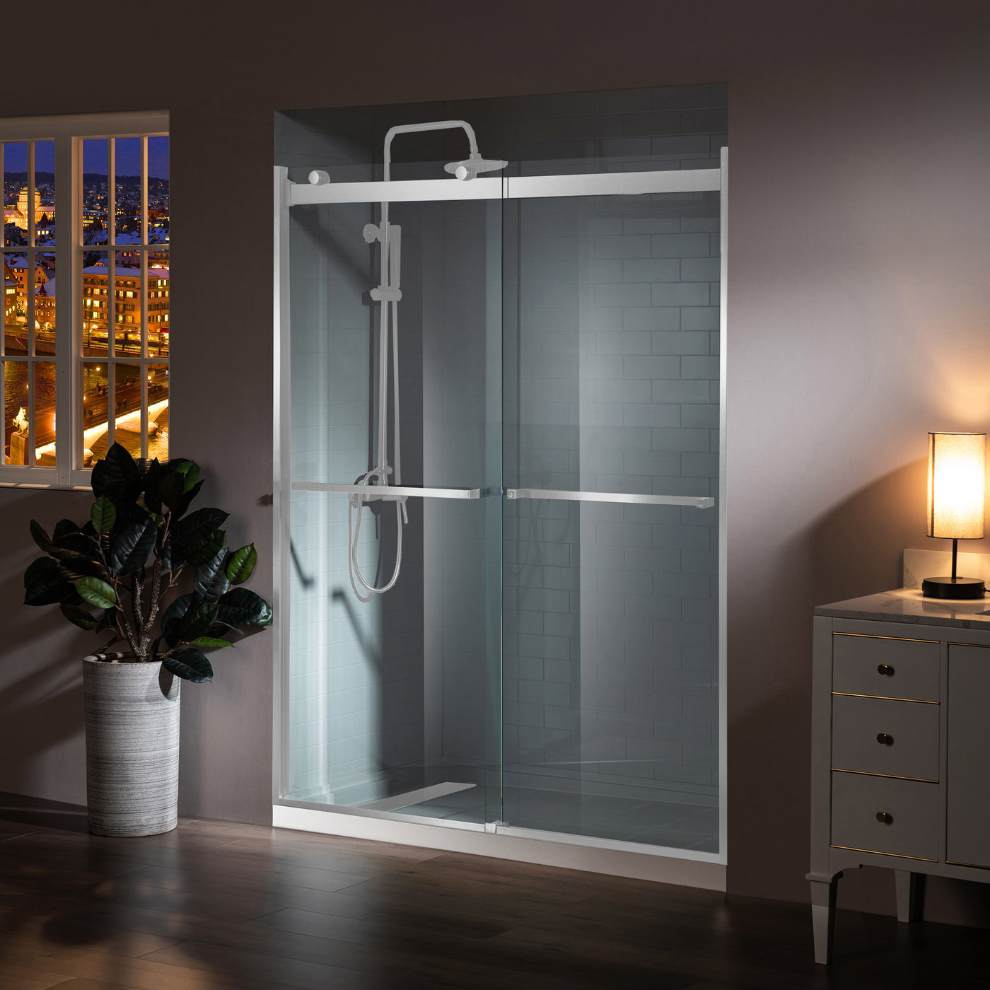 WOODBRIDGE Frameless Shower Doors 56-60" Width x 76"Height with 5/16"(8mm)Clear Tempered Glass, 2 Ways Opening & Double Sliding in Polished Chrome Finish