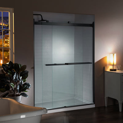 WOODBRIDGE Frameless Shower Doors 56-60" Width x 76"Height with 5/16"(8mm)Clear Tempered Glass, 2 Ways Opening & Double Sliding in Matte Black Finish