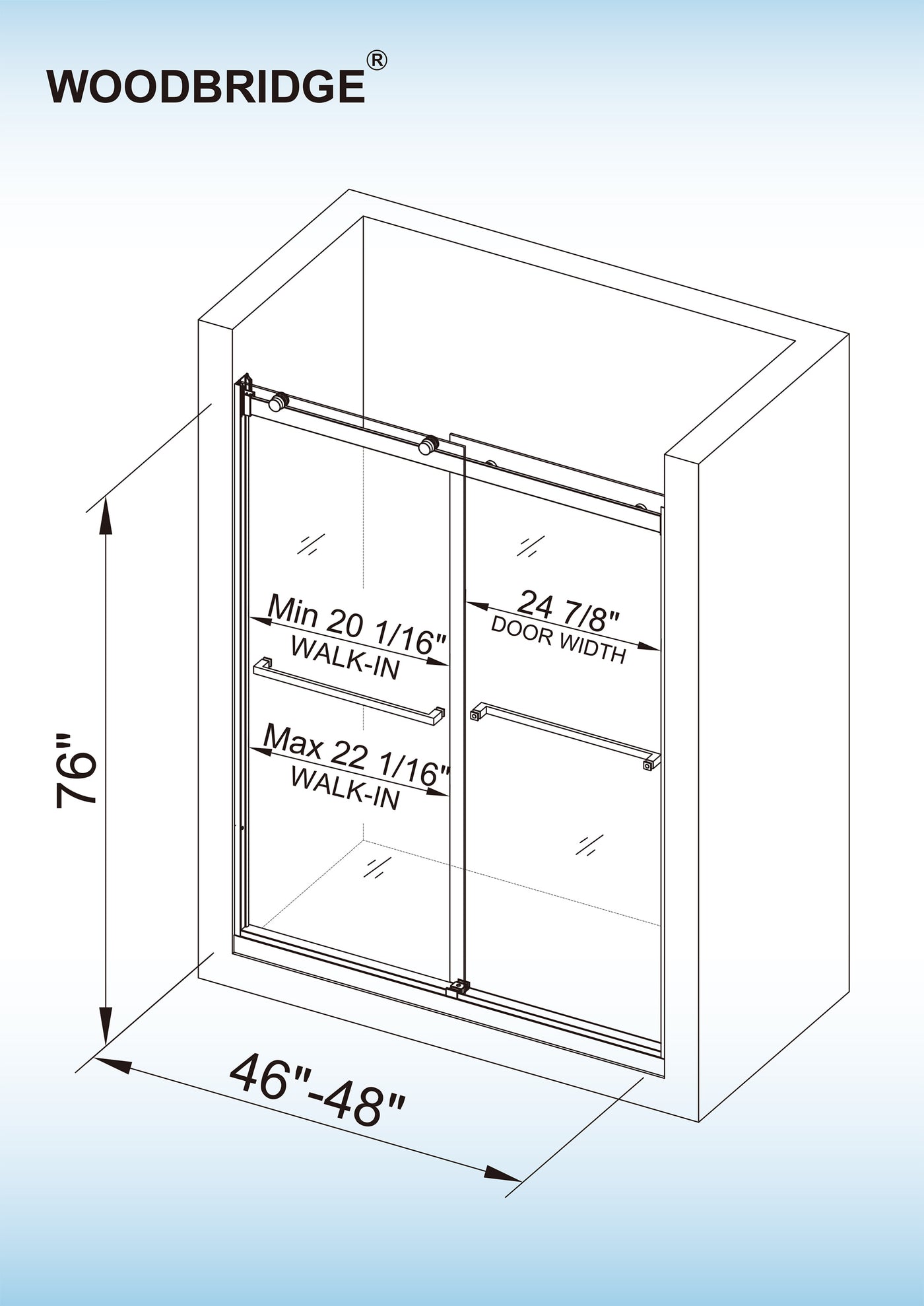 WOODBRIDGE Frameless Bathtub Shower Doors 46-48" Width x76"Height with 5/16"(8mm) Clear Tempered Glass, 2 Ways Opening & Double Sliding in Brushed Nickel Finish,ASD4876-B