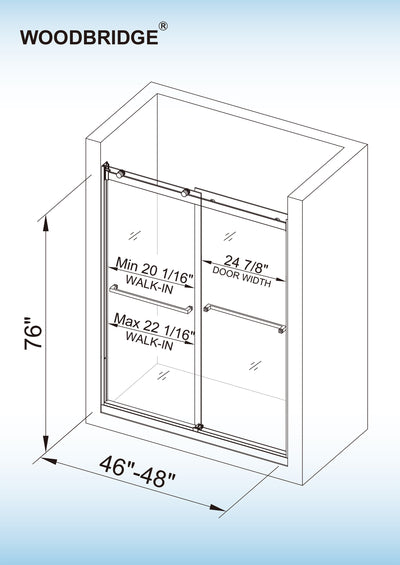 WOODBRIDGE Frameless Bathtub Shower Doors 46-48" Width x76"Height with 5/16"(8mm) Clear Tempered Glass, 2 Ways Opening & Double Sliding in Brushed Nickel Finish,ASD4876-B