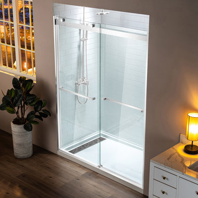 WOODBRIDGE Frameless Shower Doors 56-60" Width x 76"Height with 5/16"(8mm)Clear Tempered Glass, 2 Ways Opening & Double Sliding in Polished Chrome Finish