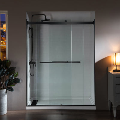 WOODBRIDGE Frameless Shower Doors 56-60" Width x 76"Height with 5/16"(8mm)Clear Tempered Glass, 2 Ways Opening & Double Sliding in Matte Black Finish