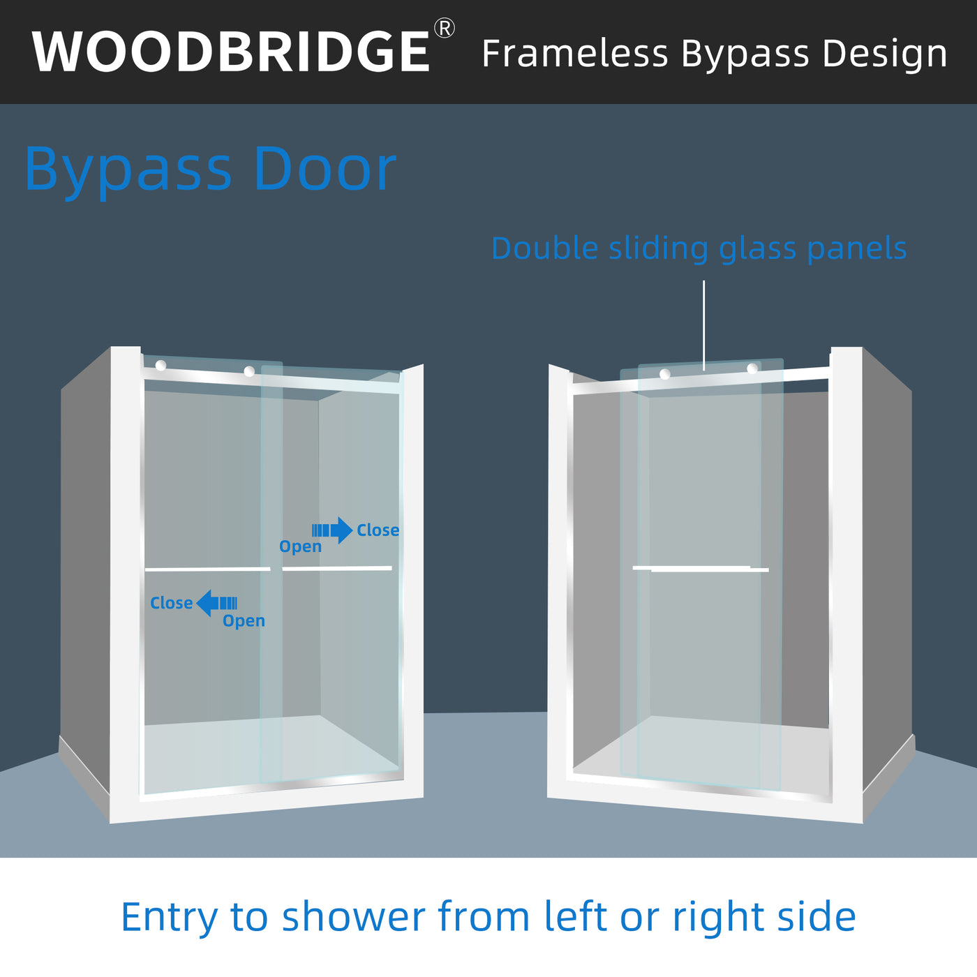 WOODBRIDGE Frameless Shower Doors 56-60" Width x 76"Height with 5/16"(8mm)Clear Tempered Glass, 2 Ways Opening & Double Sliding in Polished Chrome Finish