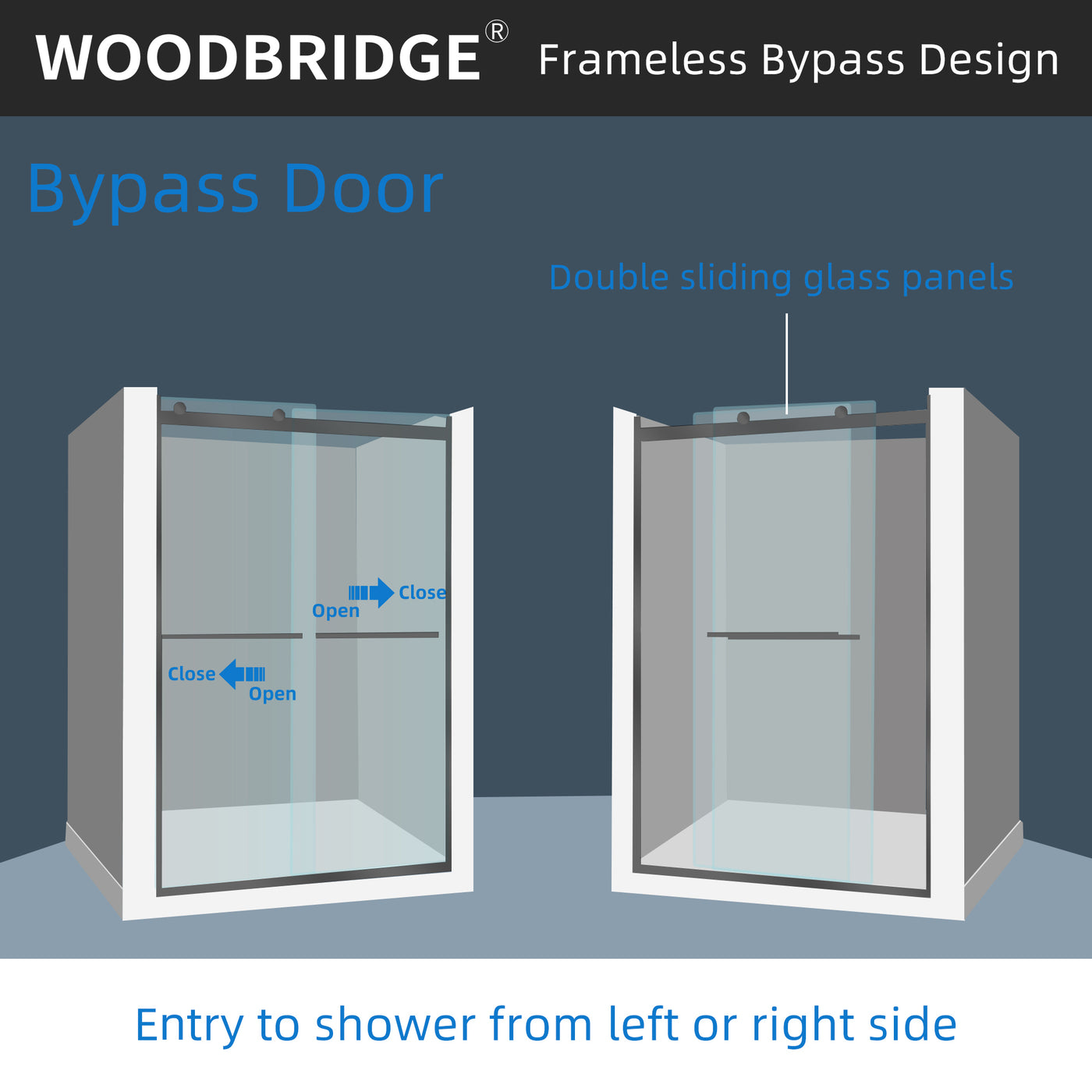 WOODBRIDGE Frameless Shower Doors 56-60" Width x 76"Height with 5/16"(8mm)Clear Tempered Glass, 2 Ways Opening & Double Sliding in Matte Black Finish