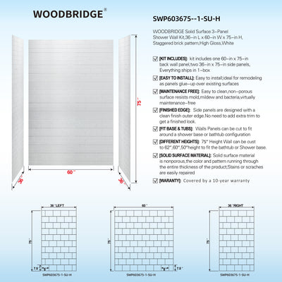 WOODBRIDGE Solid Surface 60" W x 75" H Tile Tub and Shower Wall Panel Surround, Quick Install, Cuttable, Staggered Brick Pattern, High Gloss White Finish