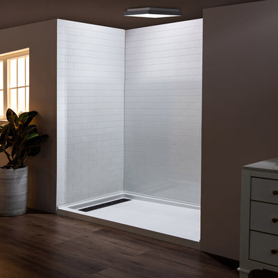 WOODBRIDGE Solid Surface 60" W x 75" H Tile Tub and Shower Wall Panel Surround, Quick Install, Cuttable, Staggered Brick Pattern, High Gloss White Finish