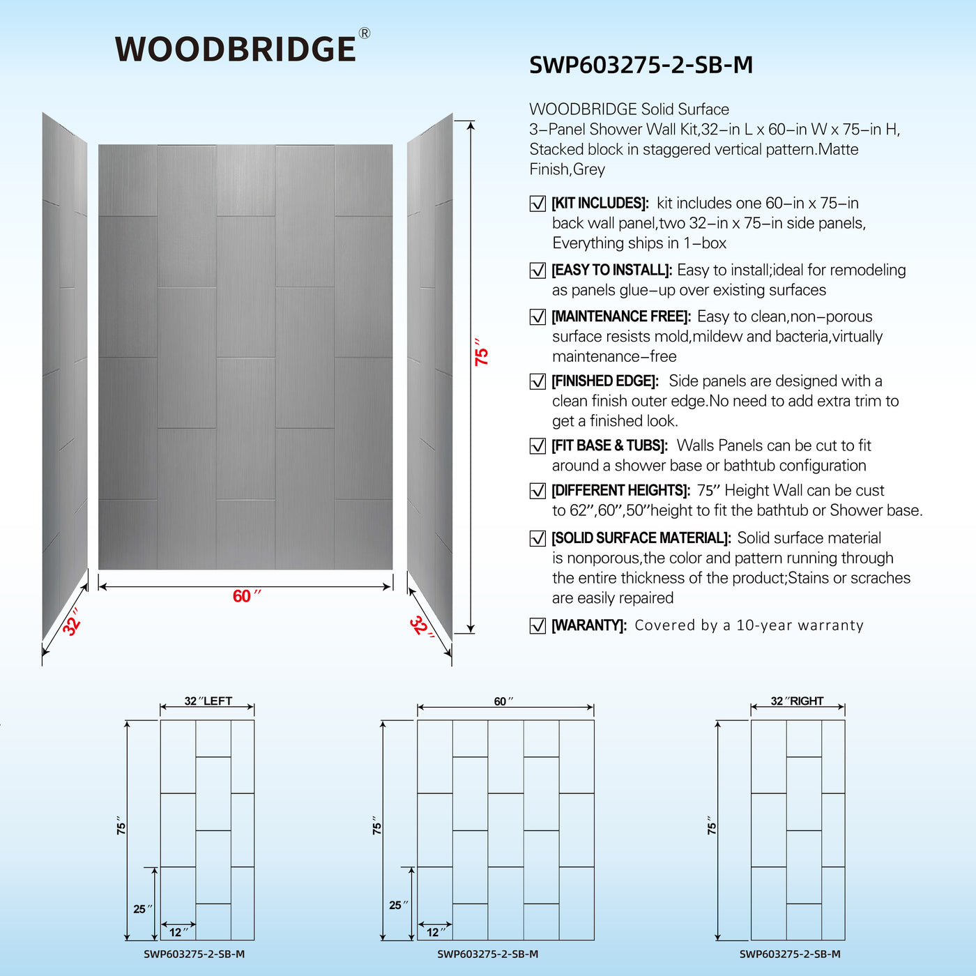 WOODBRIDGE Solid Surface 60" W x 75" H Tile Tub and Shower Wall Panel Surround, Quick Install, Cuttable, Stacked Block in a Staggered Vertical Pattern. Matte Gray Finish