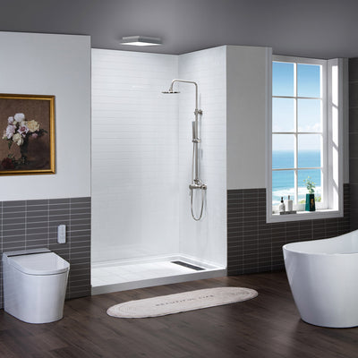 WOODBRIDGE Solid Surface 60" W x 75" H Tile Tub and Shower Wall Panel Surround, Quick Install, Cuttable, Staggered Brick Pattern, High Gloss White Finish