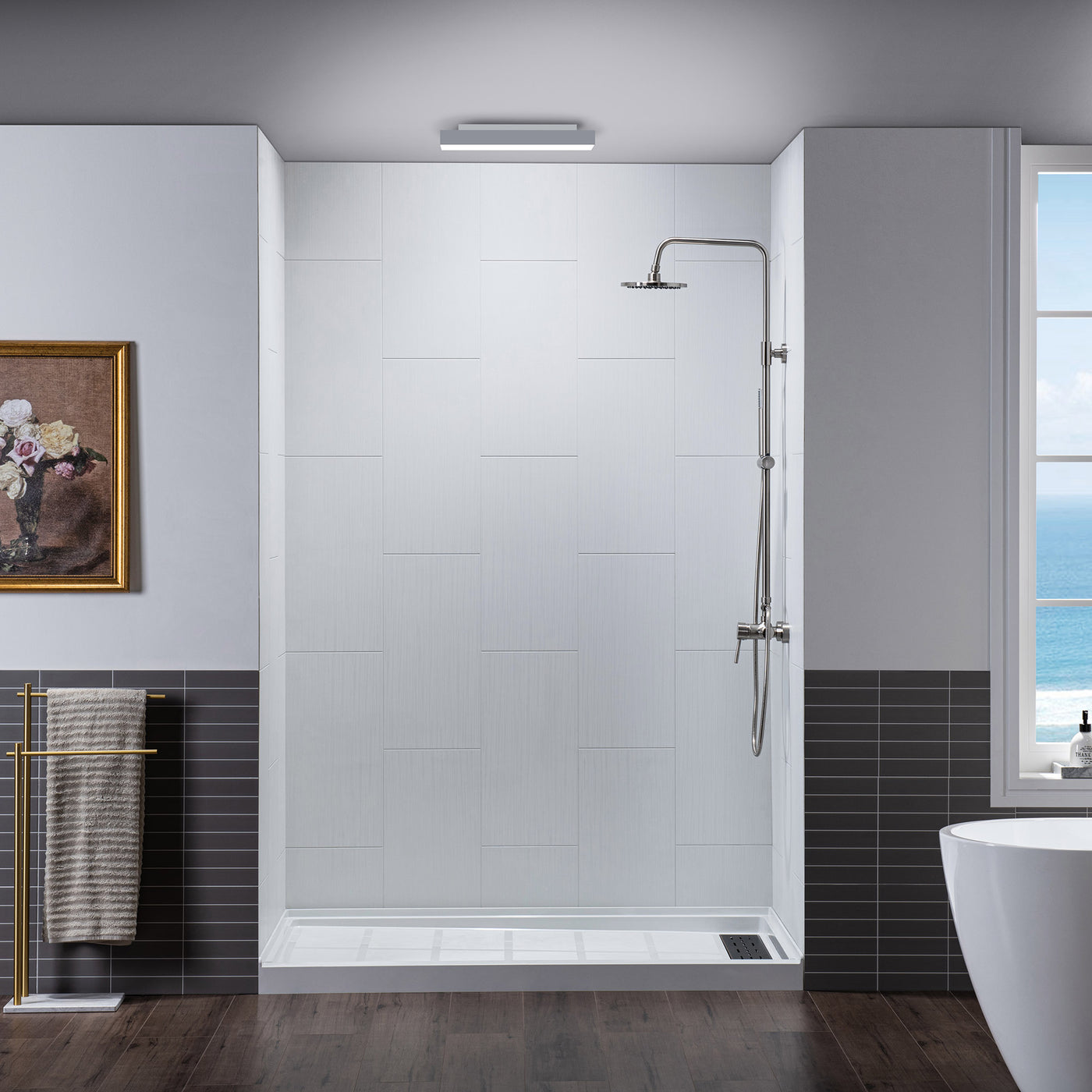 WOODBRIDGE Solid Surface 60" W x 75" H Tile Tub and Shower Wall Panel Surround, Quick Install, Cuttable, Stacked Block in a Staggered Vertical Pattern. Matte White Finish