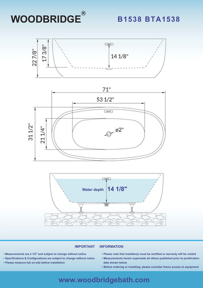 WOODBRIDGE 71" Acrylic Freestanding Bathtub Contemporary Soaking Tub with Chrome Overflow and Drain,White Tub,B1538-C-Drain&O