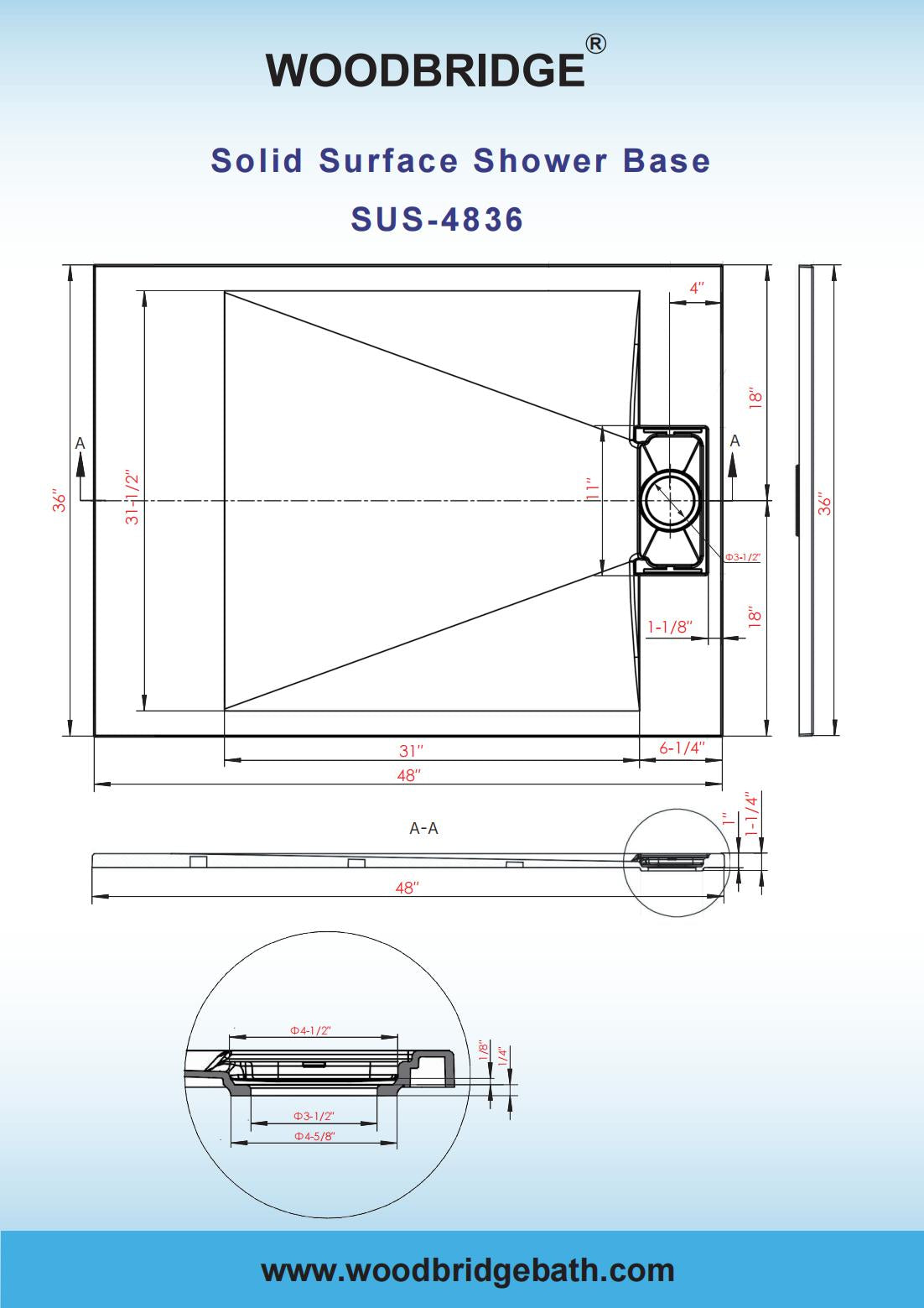 WOODBRIDGE 48-in L x 36-in W Zero Threshold End Drain Shower Base with Reversable Drain Placement, Matching Decorative Drain Plate and Tile Flange, Wheel Chair Access, Low Profile, White