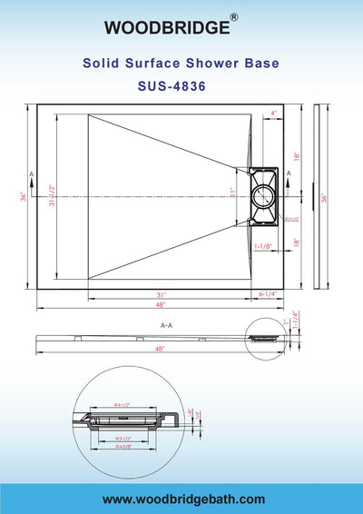 WOODBRIDGE 48-in L x 36-in W Zero Threshold End Drain Shower Base with Reversable Drain Placement, Matching Decorative Drain Plate and Tile Flange, Wheel Chair Access, Low Profile, White