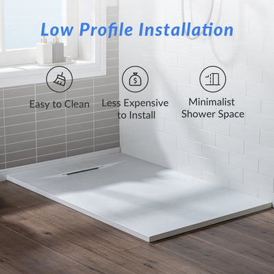 WOODBRIDGE 48-in L x 36-in W Zero Threshold End Drain Shower Base with Reversable Drain Placement, Matching Decorative Drain Plate and Tile Flange, Wheel Chair Access, Low Profile, White