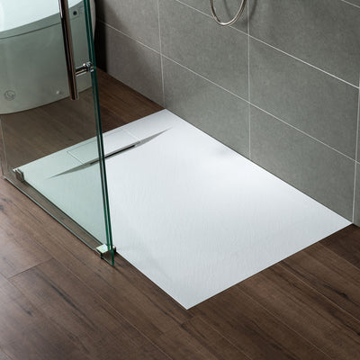 WOODBRIDGE 48-in L x 36-in W Zero Threshold End Drain Shower Base with Reversable Drain Placement, Matching Decorative Drain Plate and Tile Flange, Wheel Chair Access, Low Profile, White