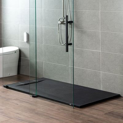 WOODBRIDGE 48-in L x 36-in W Zero Threshold End Drain Shower Base with Reversable Drain Placement, Matching Decorative Drain Plate and Tile Flange, Wheel Chair Access, Low Profile, Black