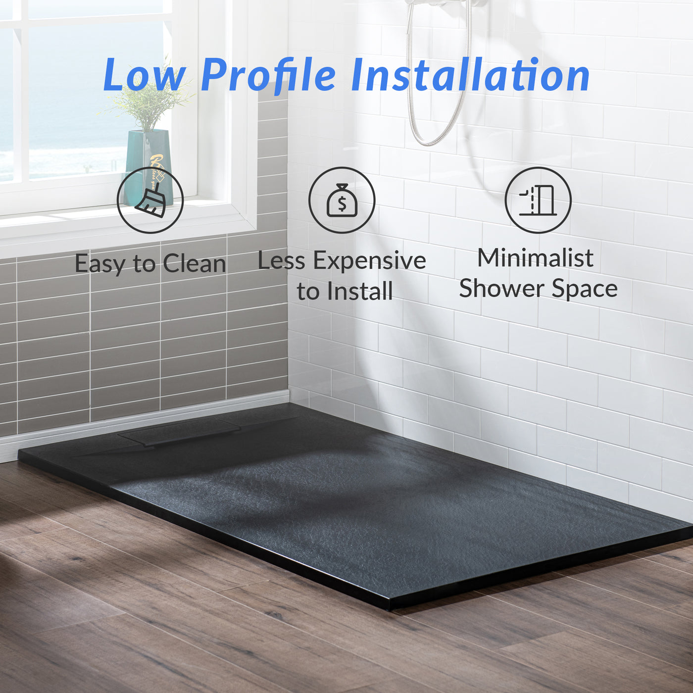 WOODBRIDGE 48-in L x 36-in W Zero Threshold End Drain Shower Base with Reversable Drain Placement, Matching Decorative Drain Plate and Tile Flange, Wheel Chair Access, Low Profile, Black