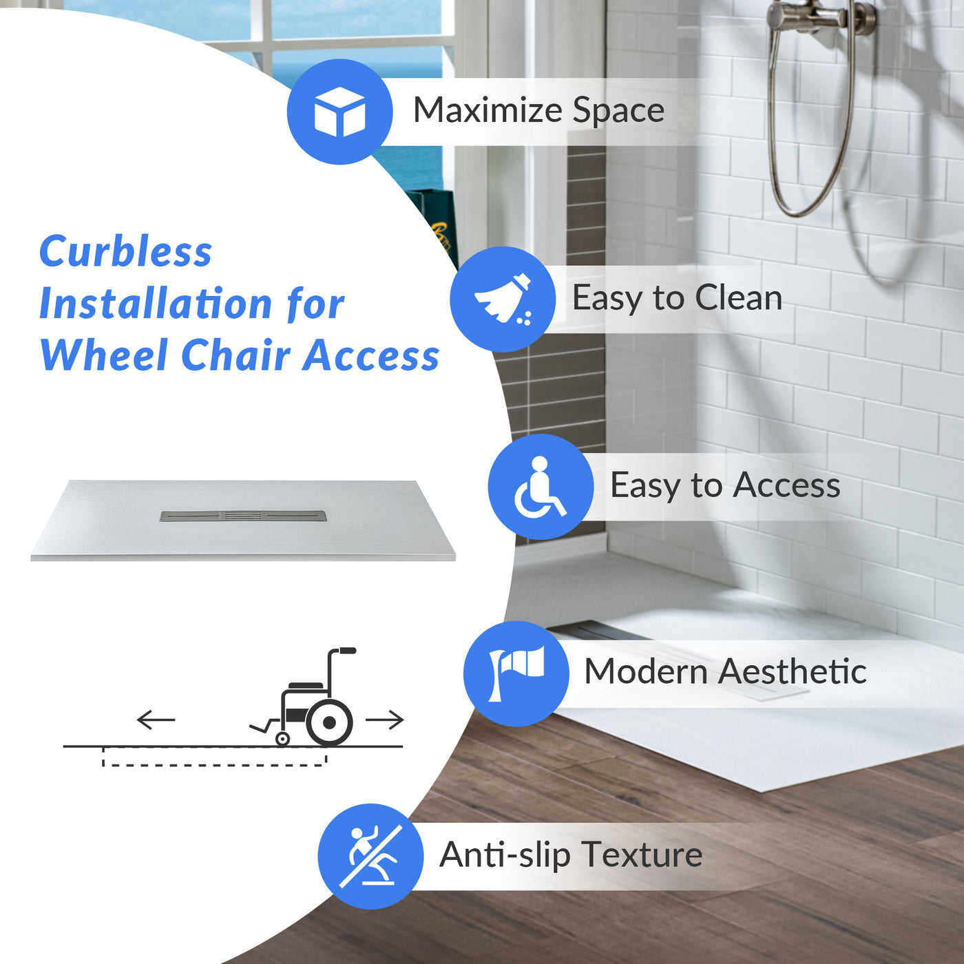 WOODBRIDGE 60-in L x 32-in W Zero Threshold End Drain Shower Base with Center Drain Placement, Matching Decorative Drain Plate and Tile Flange, Wheel Chair Access, Low Profile, White