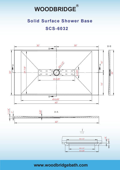 WOODBRIDGE 60-in L x 32-in W Zero Threshold End Drain Shower Base with Center Drain Placement, Matching Decorative Drain Plate and Tile Flange, Wheel Chair Access, Low Profile, White