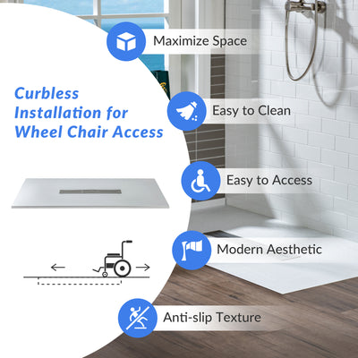 WOODBRIDGE 48-in L x 36-in W Zero Threshold End Drain Shower Base with Center Drain Placement, Matching Decorative Drain Plate and Tile Flange, Wheel Chair Access, Low Profile, White