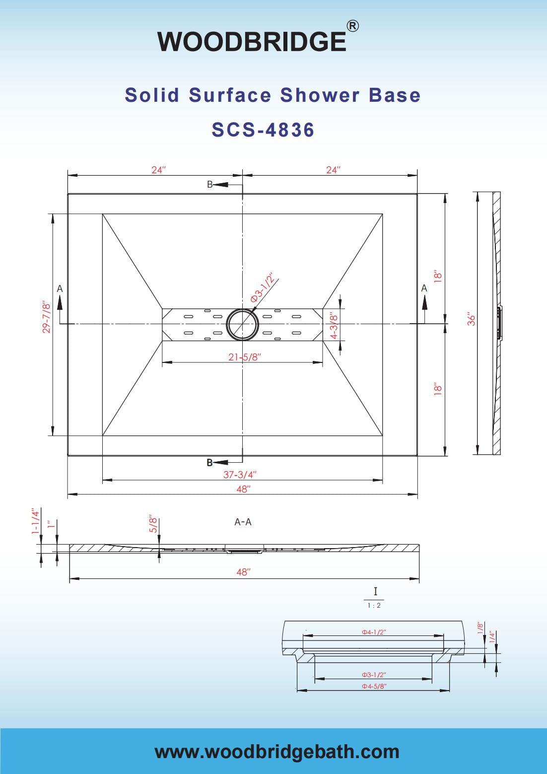 WOODBRIDGE 48-in L x 36-in W Zero Threshold End Drain Shower Base with Center Drain Placement, Matching Decorative Drain Plate and Tile Flange, Wheel Chair Access, Low Profile, White