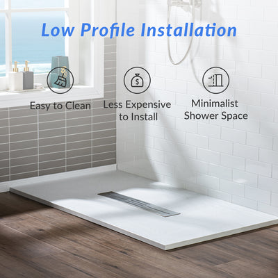 WOODBRIDGE 48-in L x 36-in W Zero Threshold End Drain Shower Base with Center Drain Placement, Matching Decorative Drain Plate and Tile Flange, Wheel Chair Access, Low Profile, White