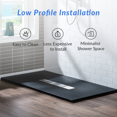 WOODBRIDGE 48-in L x 36-in W Zero Threshold End Drain Shower Base with Center Drain Placement, Matching Decorative Drain Plate and Tile Flange, Wheel Chair Access, Low Profile, Black