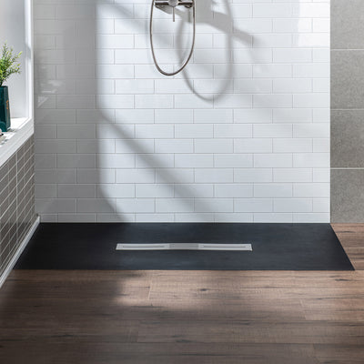 WOODBRIDGE 48-in L x 36-in W Zero Threshold End Drain Shower Base with Center Drain Placement, Matching Decorative Drain Plate and Tile Flange, Wheel Chair Access, Low Profile, Black