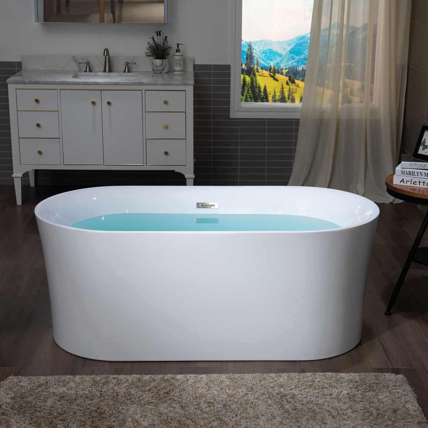 WOODBRIDGE 59" Acrylic Freestanding Bathtub Contemporary Soaking Tub with Chrome Overflow and Drain,White Tub,B0058-CH