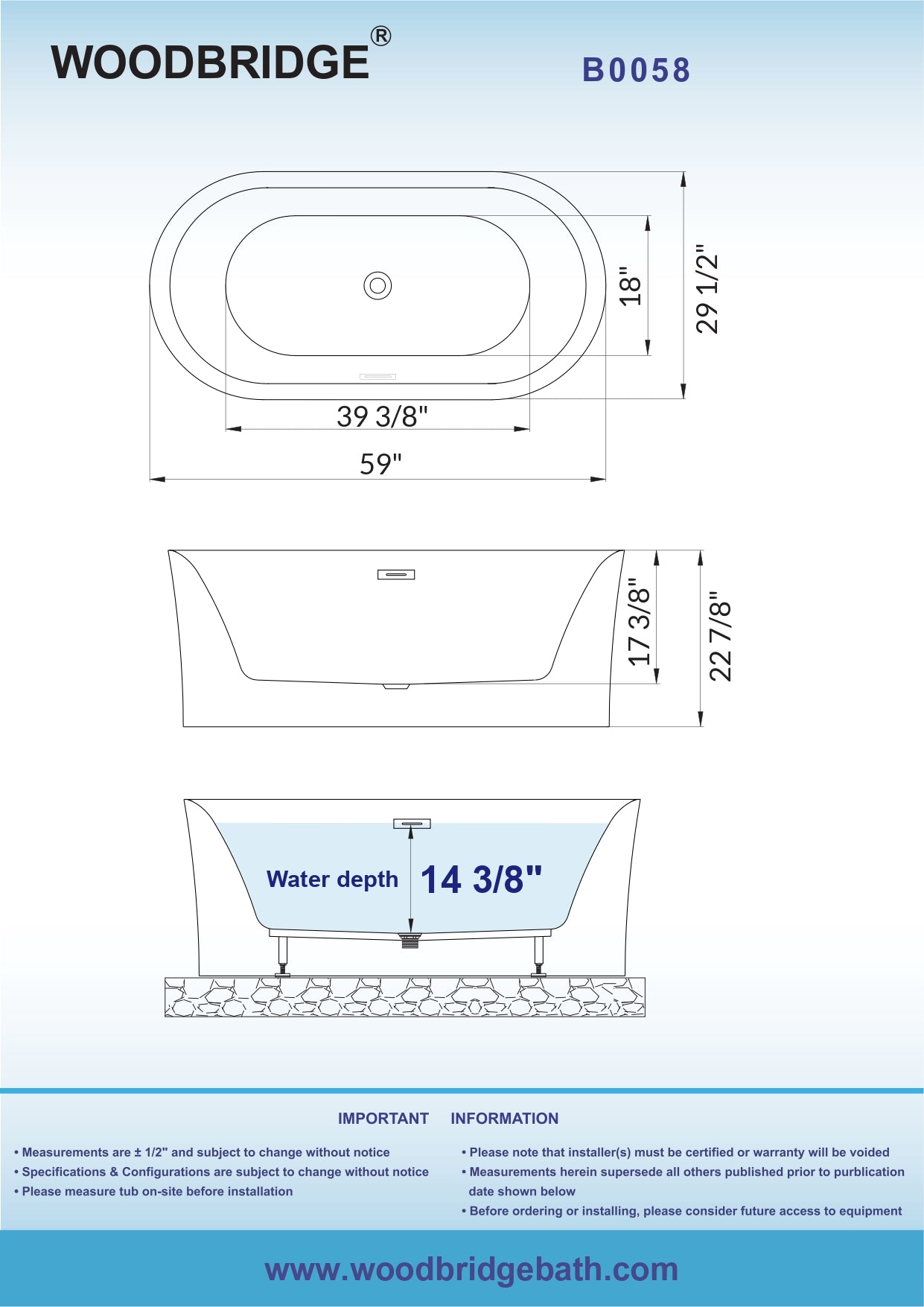 WOODBRIDGE 59" Acrylic Freestanding Bathtub Contemporary Soaking Tub with Chrome Overflow and Drain,White Tub,B0058-CH