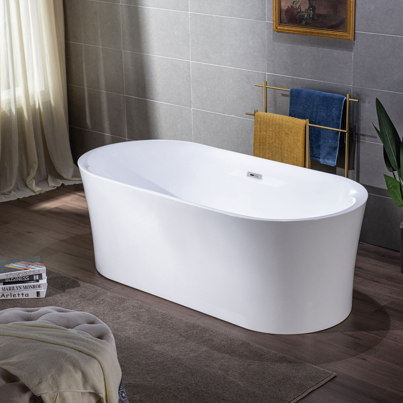 WOODBRIDGE 59" Acrylic Freestanding Bathtub Contemporary Soaking Tub with Chrome Overflow and Drain,White Tub,B0058-CH