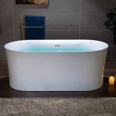 WOODBRIDGE 59" Acrylic Freestanding Bathtub Contemporary Soaking Tub with Chrome Overflow and Drain,White Tub,B0058-CH