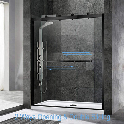 WOODBRIDGE Frameless Shower Doors 56-60" Width x 76"Height with 3/8"(10mm) Clear Tempered Glass, 2 Ways Opening & Double Sliding in Matte Black Finish,SDD6076-MBL