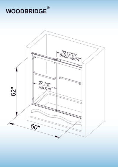 WOODBRIDGE Frameless Bathtub Shower Doors 56-60" Width x 62"Height with 3/8"(10mm) Clear Tempered Glass, 2 Ways Opening & Double Sliding in Brushed Nickel Finish,SDD6062-B