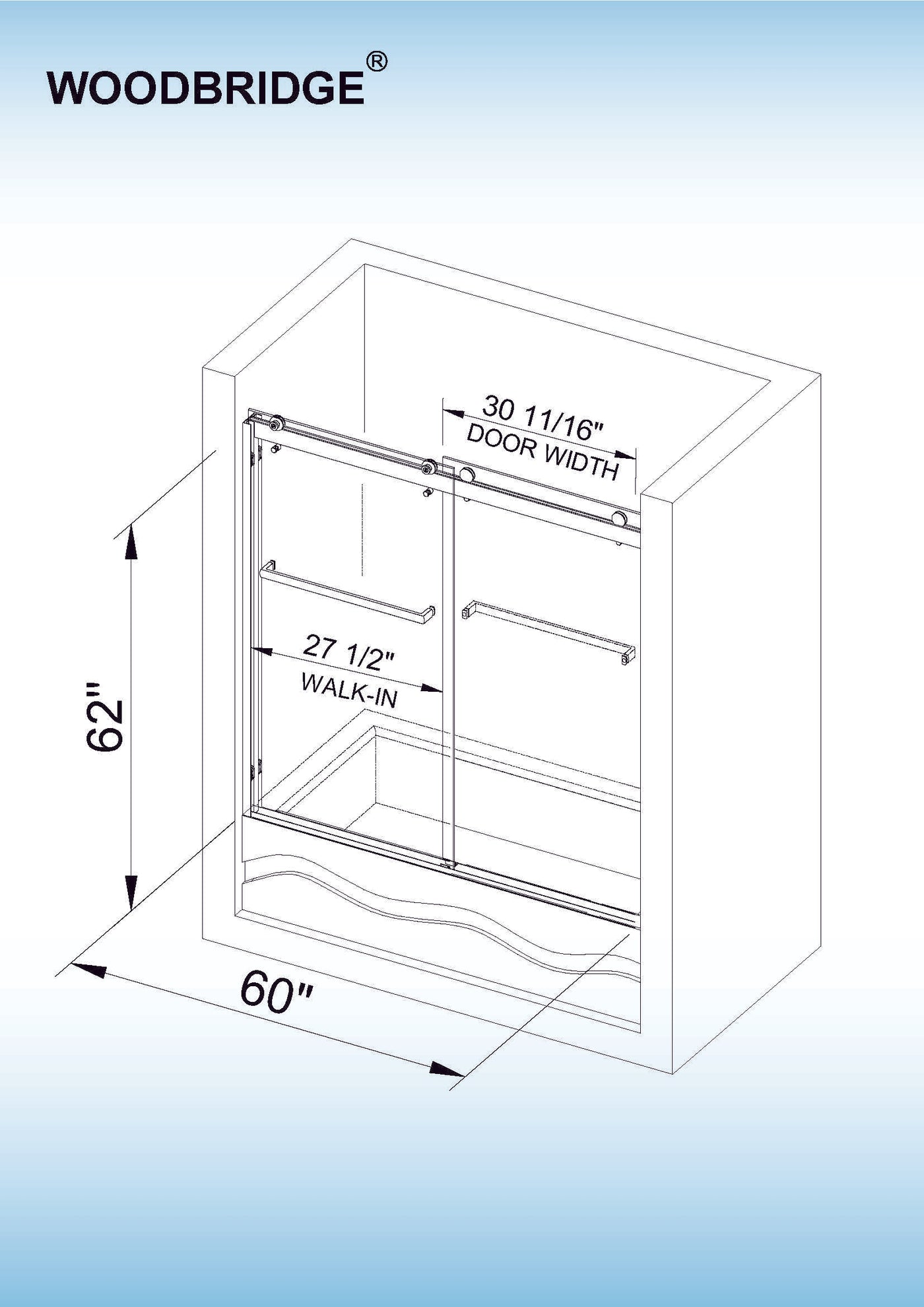 WOODBRIDGE Frameless Bathtub Shower Doors 56-60" Width x 62"Height with 5/16"(8mm) Clear Tempered Glass, 2 Ways Opening & Double Sliding in Matte Black Finish,ASD6062-MBL